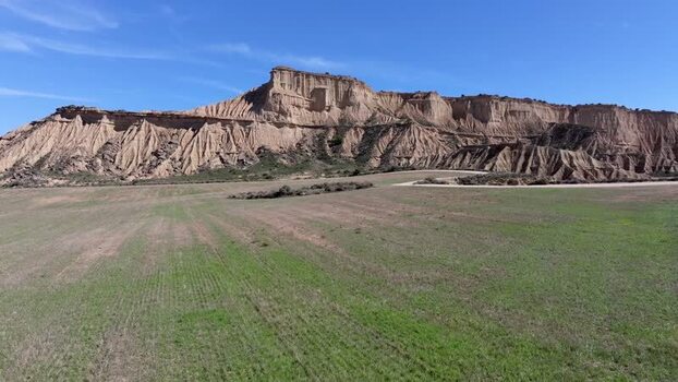 Aerial view of Bardenas Reales desert landscape in Spain.
