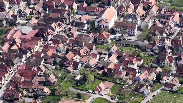 Aerial view of town with church Kintzheim France.