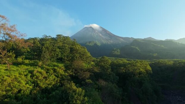 Aerial view of Mount Merapi and Bunker Kaliadem Indonesia.