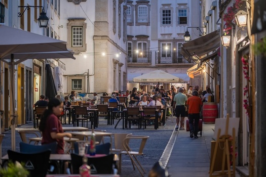 Evora Evora District Portugal 08 September 2026 View of people dining at outdoor tables in the historic streets of Evora Portugal. Evora Evora District Portugal 08 September 2026 View of people dining at outdoor tables in the historic streets of Evora Portugal.