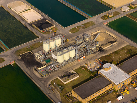 Aerial view of Ashford Common Water Treatment Works with industrial storage tanks and filtration basins Shepperton England United Kingdom. Aerial view of Ashford Common Water Treatment Works with industrial storage tanks and filtration basins Shepperton England United Kingdom.
