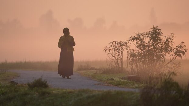 View of a woman walking on a path in misty morning Bangladesh.
