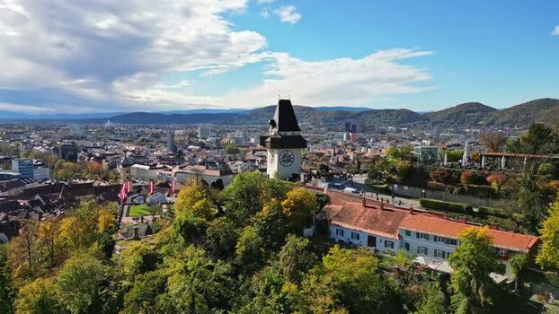 Aerial view of the Graz Clock Tower and city skyline Austria. Aerial view of the Graz Clock Tower and city skyline Austria.