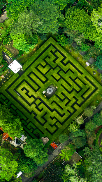 Aerial view of the hedge maze surrounded by lush green trees at Coban Rondo in Kecamatan Pujon Jawa Timur Indonesia. Aerial view of the hedge maze surrounded by lush green trees at Coban Rondo in Kecamatan Pujon Jawa Timur Indonesia.