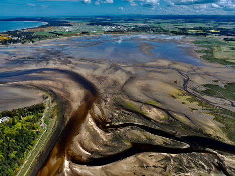 Aerial view of the intricate tidal patterns and winding water channels of Findhorn Bay surrounded by green fields and the coastline in Findhorn Scotland United Kingdom. Aerial view of the intricate tidal patterns and winding water channels of Findhorn Bay surrounded by green fields and the coastline in Findhorn Scotland United Kingdom.