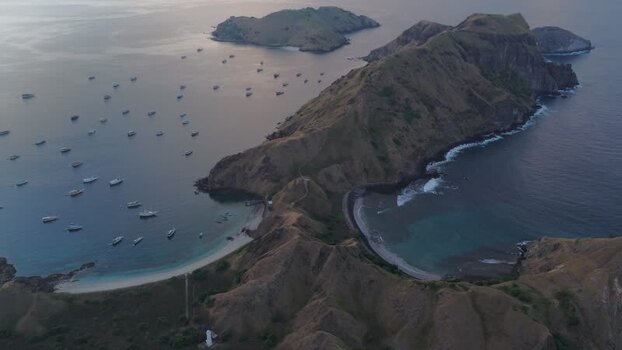 Aerial view of Padar Island and boats in Komodo Indonesia.
