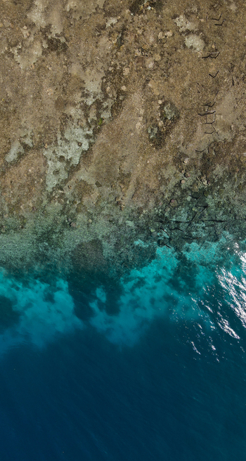 Aerial view of the rocky coastline of Raja Ampat Regency featuring a vibrant transition from shallow turquoise waters to deep blue sea in Southwest Papua Indonesia.