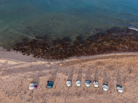 Aerial view of boats resting on the shore where the turquoise waters meet the sandy beach Dhi Hamri Socotra Yemen. Aerial view of boats resting on the shore where the turquoise waters meet the sandy beach Dhi Hamri Socotra Yemen.