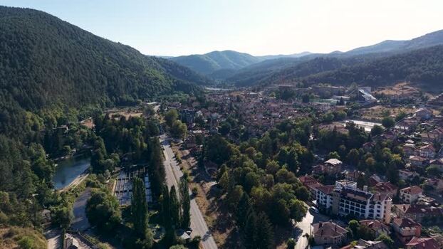 Aerial view of Velingrad town in a valley Bulgaria.