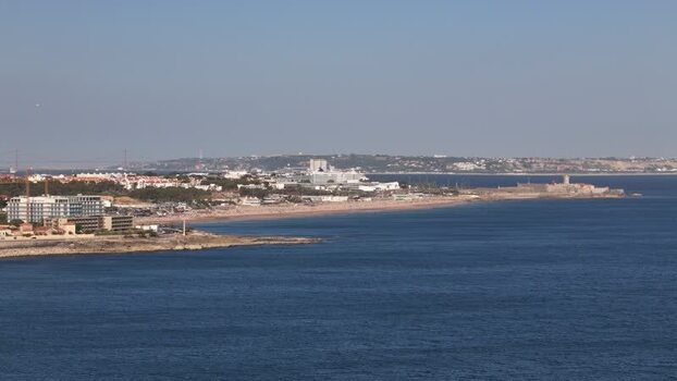 Aerial view of Carcavelos beach and coastline in Portugal.