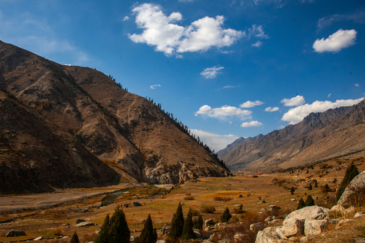 View of Astore Valley with rugged mountain slopes a winding river and sparse vegetation under a bright blue sky in Astore Gilgit Pakistan. View of Astore Valley with rugged mountain slopes a winding river and sparse vegetation under a bright blue sky in Astore Gilgit Pakistan.