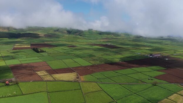 Aerial view of Terceira Island patchwork fields Portugal.