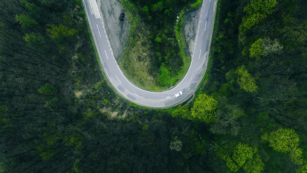 Aerial view of a stark white road curves dramatically through a dense forest a ribbon of modernity amidst ancient green Novi Sad Vojvodina Serbia. Aerial view of a stark white road curves dramatically through a dense forest a ribbon of modernity amidst ancient green Novi Sad Vojvodina Serbia.