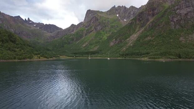 Aerial view of Senja mountains and fjord in Norway.
