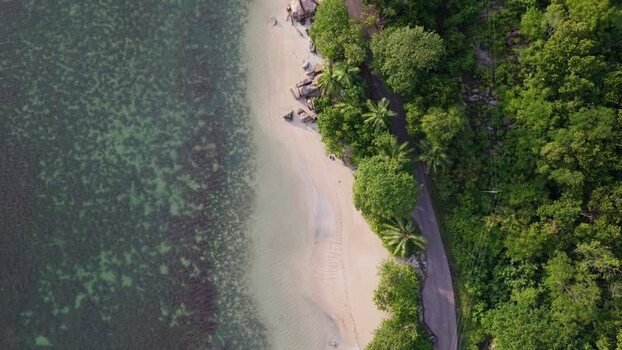 Aerial view of Praslin coastline and beach Seychelles.