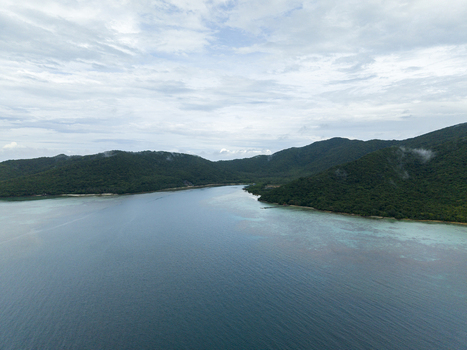 Aerial view of the serene Karimunjawa islands where lush green hills meet the tranquil turquoise sea Turtle Conservation Karimunjawa Central Java Indonesia.