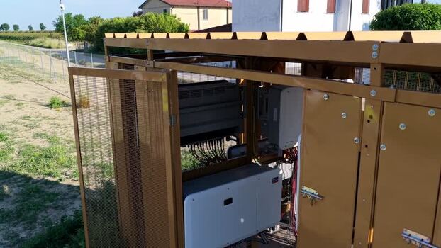 Aerial view of technical electrical equipment enclosure in Italy.