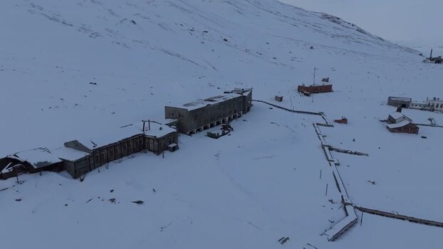 Aerial view of abandoned mining town in Pyramiden Svalbard and Jan Mayen.