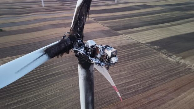 Aerial view of burnt wind turbine in Vladimirovac Serbia.