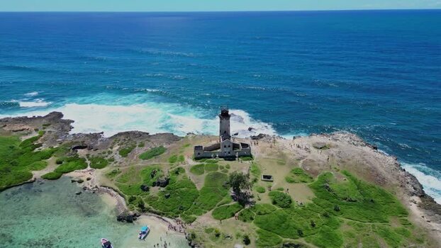 Aerial view of Pointe aux Caves Lighthouse in Mauritius.