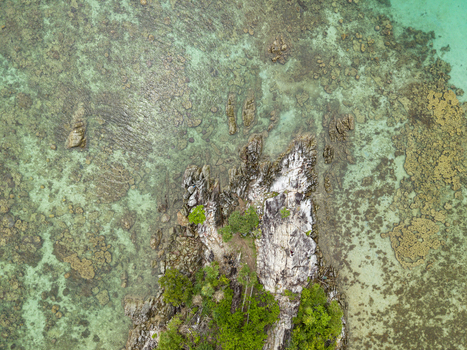 Aerial view of the rugged rocky outcrop of Annora beach fringed by verdant trees and kissed by turquoise waters Karimunjawa Jawa Tengah Indonesia.