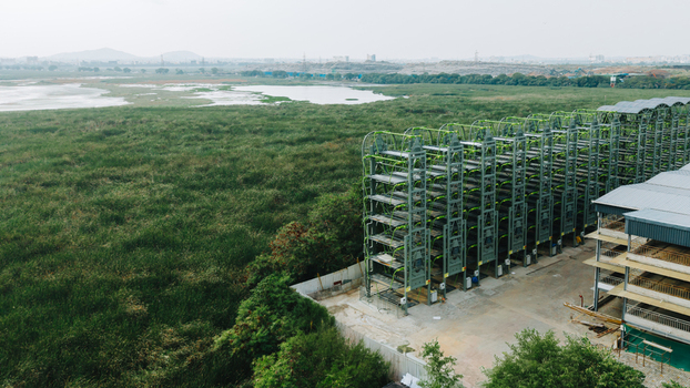 View of a vertical car parking system structure situated next to a sprawling green wetland area in India. View of a vertical car parking system structure situated next to a sprawling green wetland area in India.