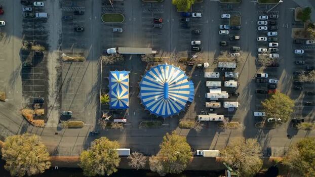 Aerial view of circus tents and trailers United States. Aerial view of circus tents and trailers United States.