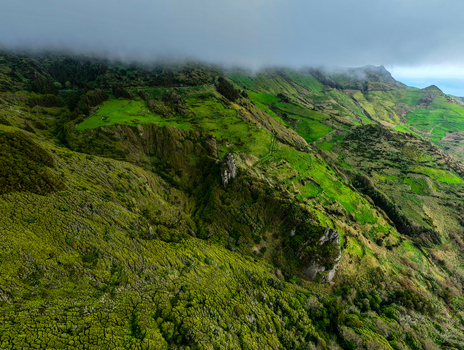 Aerial view of verdant slopes cascade down towards the sea shrouded in mist an emerald tapestry woven into the landscape Faj&atilde; Grande Azores Portugal.