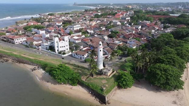 Aerial view of Galle Fort Lighthouse and historic town Sri Lanka.