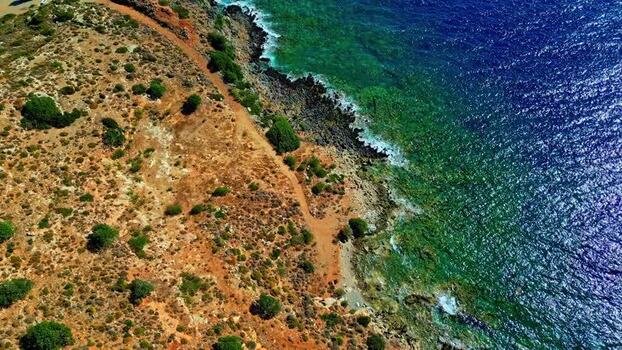 Aerial view of the rugged coastline of Crete Greece.
