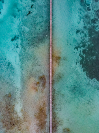 Aerial view of a long wooden pier extending into the clear turquoise waters of Attersee showcasing the vibrant lake bed and calm surface in Vocklabruck District Upper Austria Austria.