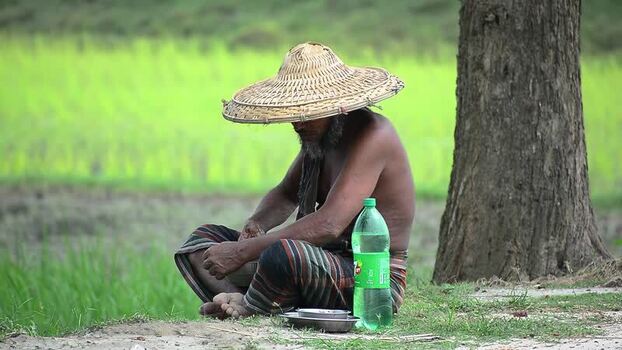 View of a man in a straw hat resting by a field in Natore Bangladesh. View of a man in a straw hat resting by a field in Natore Bangladesh.