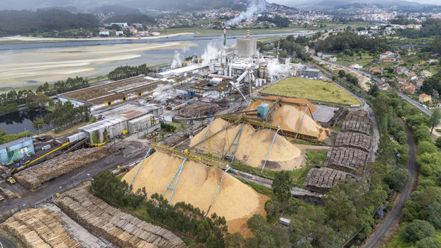 Aerial view of the Biofabrica de Ence industrial facility with large wood chip piles and steam rising near the estuary in Pontevedra Pontevedra Spain. Aerial view of the Biofabrica de Ence industrial facility with large wood chip piles and steam rising near the estuary in Pontevedra Pontevedra Spain.