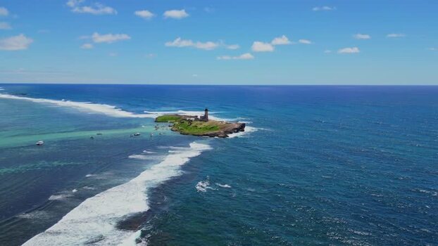 Aerial view of lighthouse on small island Mauritius.