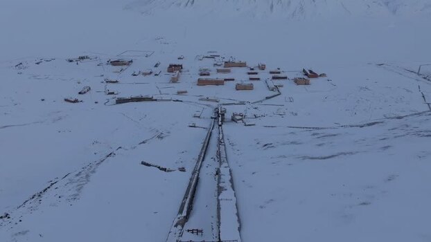 Aerial view of Pyramiden in the snow Svalbard and Jan Mayen.