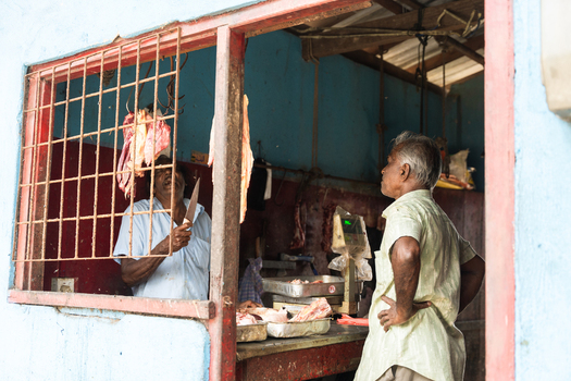 Sri Lanka 18 February 2026 View of a local butcher shop with a man holding a knife and raw meat hanging behind a metal grate.