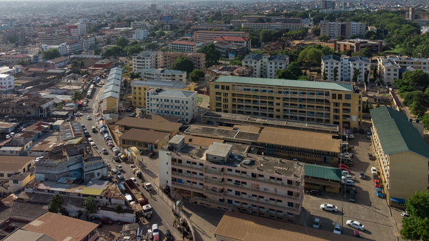 Aerial view of Accra Technical University campus buildings with surrounding urban infrastructure roads and parked vehicles in Accra Greater Accra Region Ghana. Aerial view of Accra Technical University campus buildings with surrounding urban infrastructure roads and parked vehicles in Accra Greater Accra Region Ghana.