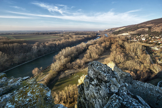 View of the historic stone ruins of Devin Castle overlooking the Morava river valley and leafless winter forests Bratislava IV Bratislava Region Slovakia. View of the historic stone ruins of Devin Castle overlooking the Morava river valley and leafless winter forests Bratislava IV Bratislava Region Slovakia.
