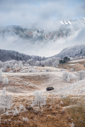 View of a frost covered landscape with rolling hills sparse trees and small wooden cabins nestled in the valley under a cloudy sky in Alba Iulia Alba County Romania. View of a frost covered landscape with rolling hills sparse trees and small wooden cabins nestled in the valley under a cloudy sky in Alba Iulia Alba County Romania.