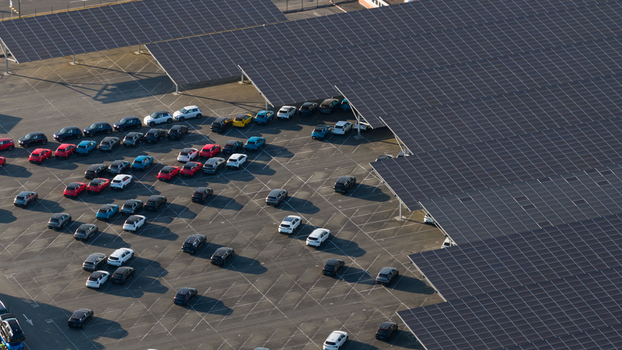 Aerial view of Electric Vehicle Factory and New Cars