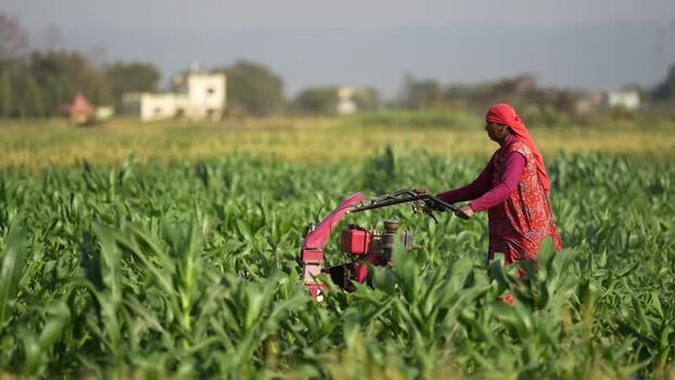 View of a woman using a motorized tiller in a field Nepal.