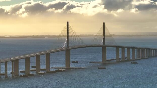 Aerial view of skyway bridge over Tampa Bay at sunset United States.