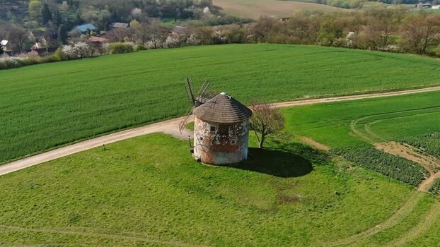 Aerial view of a historic windmill in South Moravian Region Czechia.
