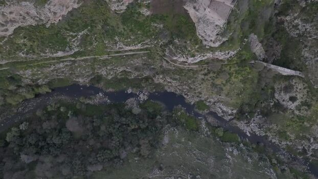 Aerial view of Gravina river gorge in Matera Italy.