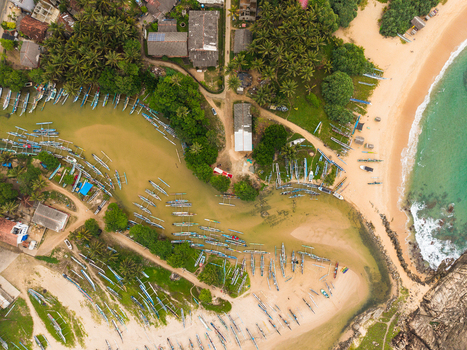 Aerial view of traditional outrigger fishing boats moored in a lagoon and resting on the sandy beach surrounded by palm trees in Dodanduwa Southern Province Sri Lanka. Aerial view of traditional outrigger fishing boats moored in a lagoon and resting on the sandy beach surrounded by palm trees in Dodanduwa Southern Province Sri Lanka.