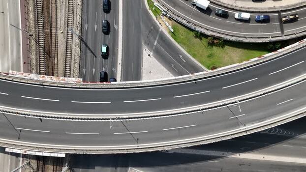 Aerial view of highway interchange in Alges Portugal.