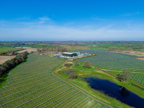 Aerial view of Gnosall Heath industrial facility surrounded by extensive agricultural fields polytunnels and a small pond in Gnosall England United Kingdom. Aerial view of Gnosall Heath industrial facility surrounded by extensive agricultural fields polytunnels and a small pond in Gnosall England United Kingdom.