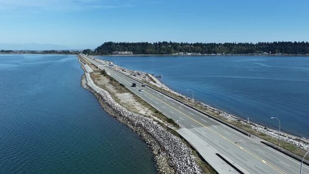 Aerial view of BC Ferries Tsawwassen Terminal causeway Canada.