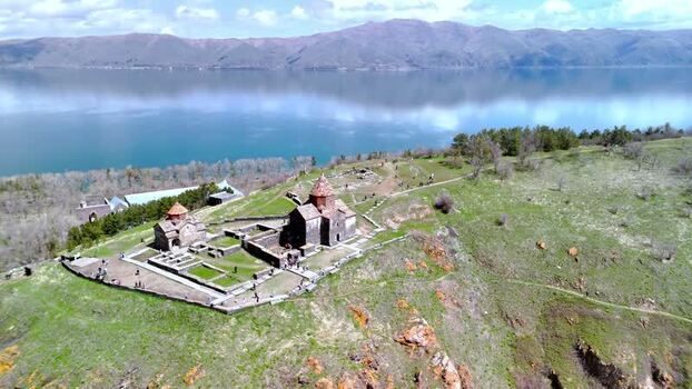 Aerial view of Sevanavank monastery overlooking Lake Sevan Armenia. Aerial view of Sevanavank monastery overlooking Lake Sevan Armenia.