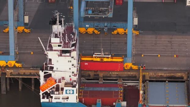 Aerial view of container ship loading at Tilbury Docks United Kingdom.